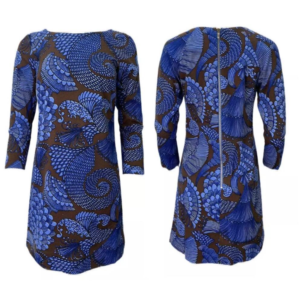 Elizabeth Mckay Asian Floral Long Sleeve Knee Length Sheath Dress Blue/Brown 4